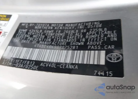 2009 Toyota Camry Le z USA, uszkodzony, nr VIN 4T4BE46K99R075281